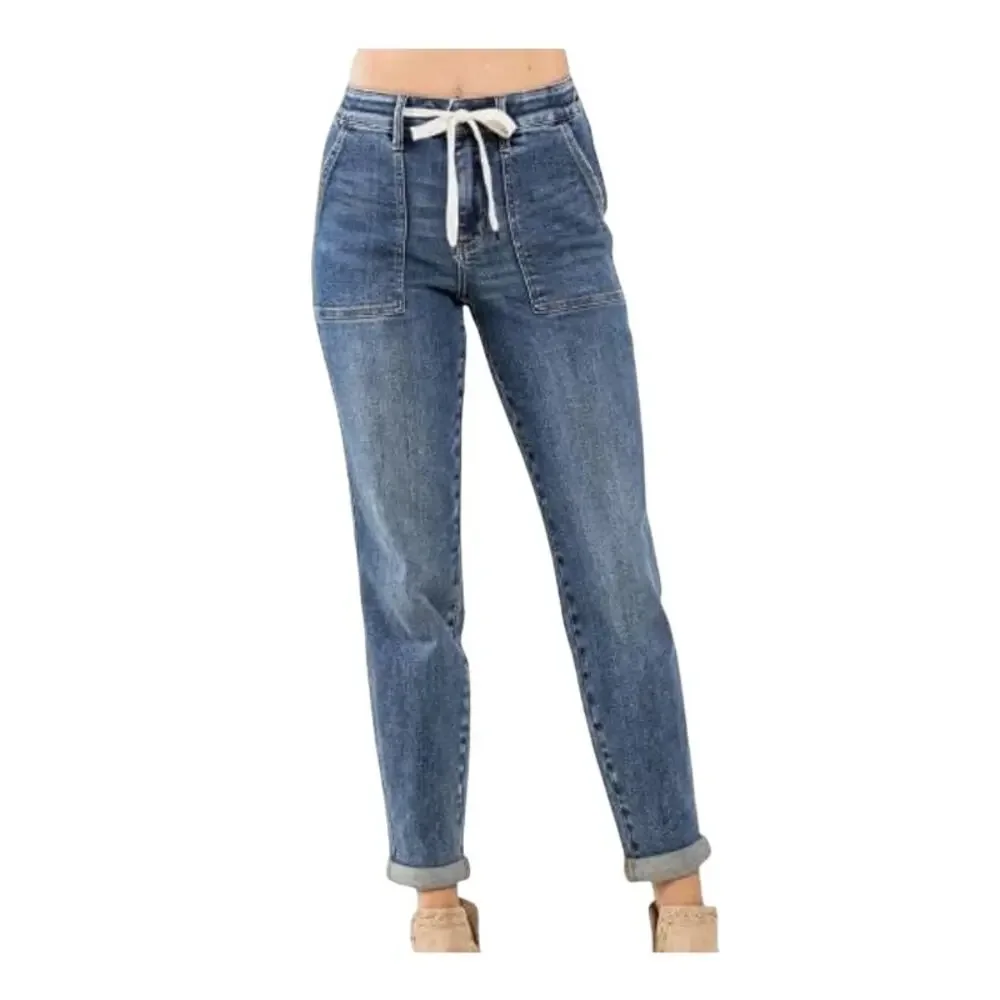 Judy‎ Blue Women's 13/31 High Waist Medium Wash Drawstring Double Cuffed Jogger